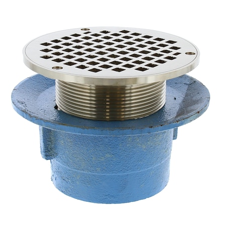 Jones Stephens 4in No Hub Code Blue Slab Drain, 7in Pan, 6in Nickel Bronze Round Strainer, Height 3-7/8in-5-1/16in D67053